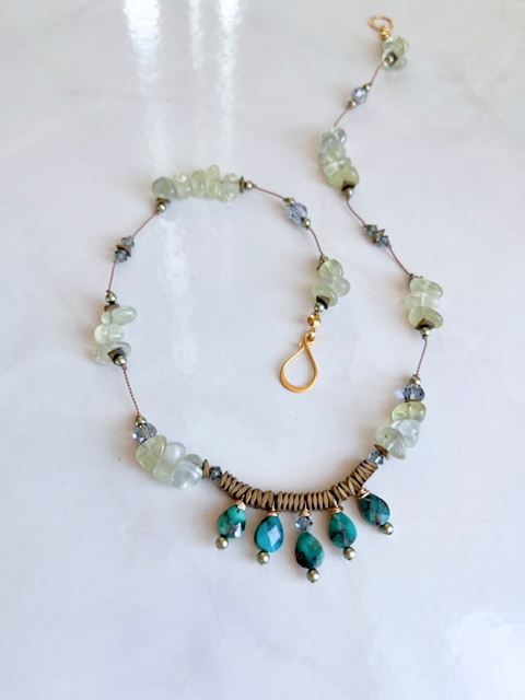 Austrian Crystal, Brass, Prehnite, Turquoise Necklace